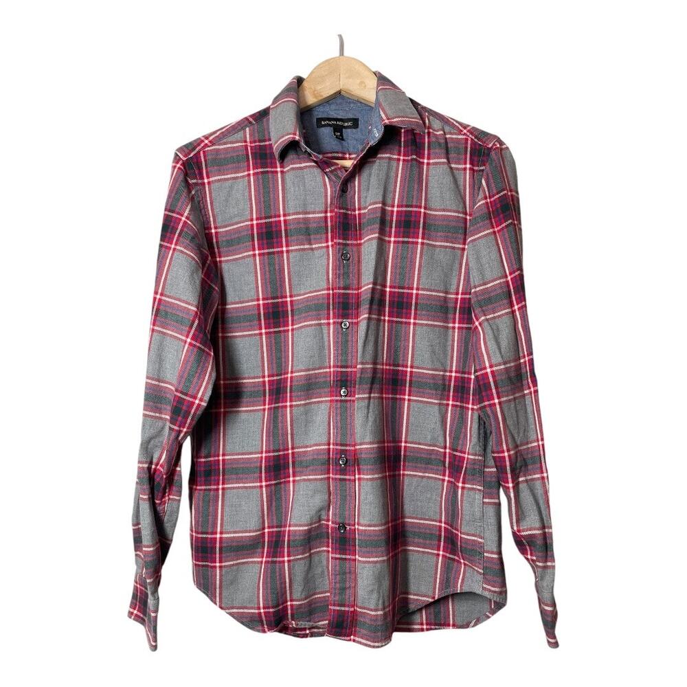 Banana Republic Mens Plaid Button Front Shirt Small Gray Red 100% Cotton